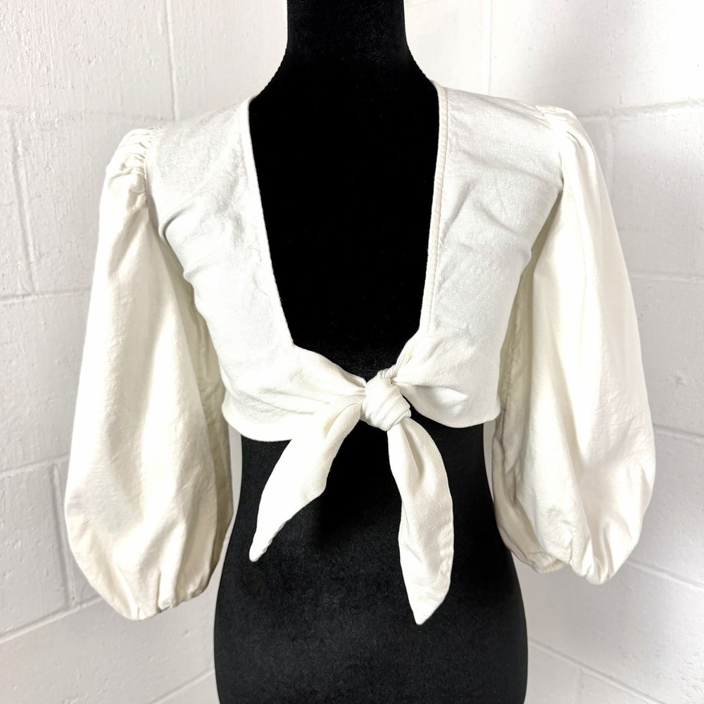 Express Womens Crop Top Size‎ XXS Linen Tie-Front Puff Sleeves Poet Romantic